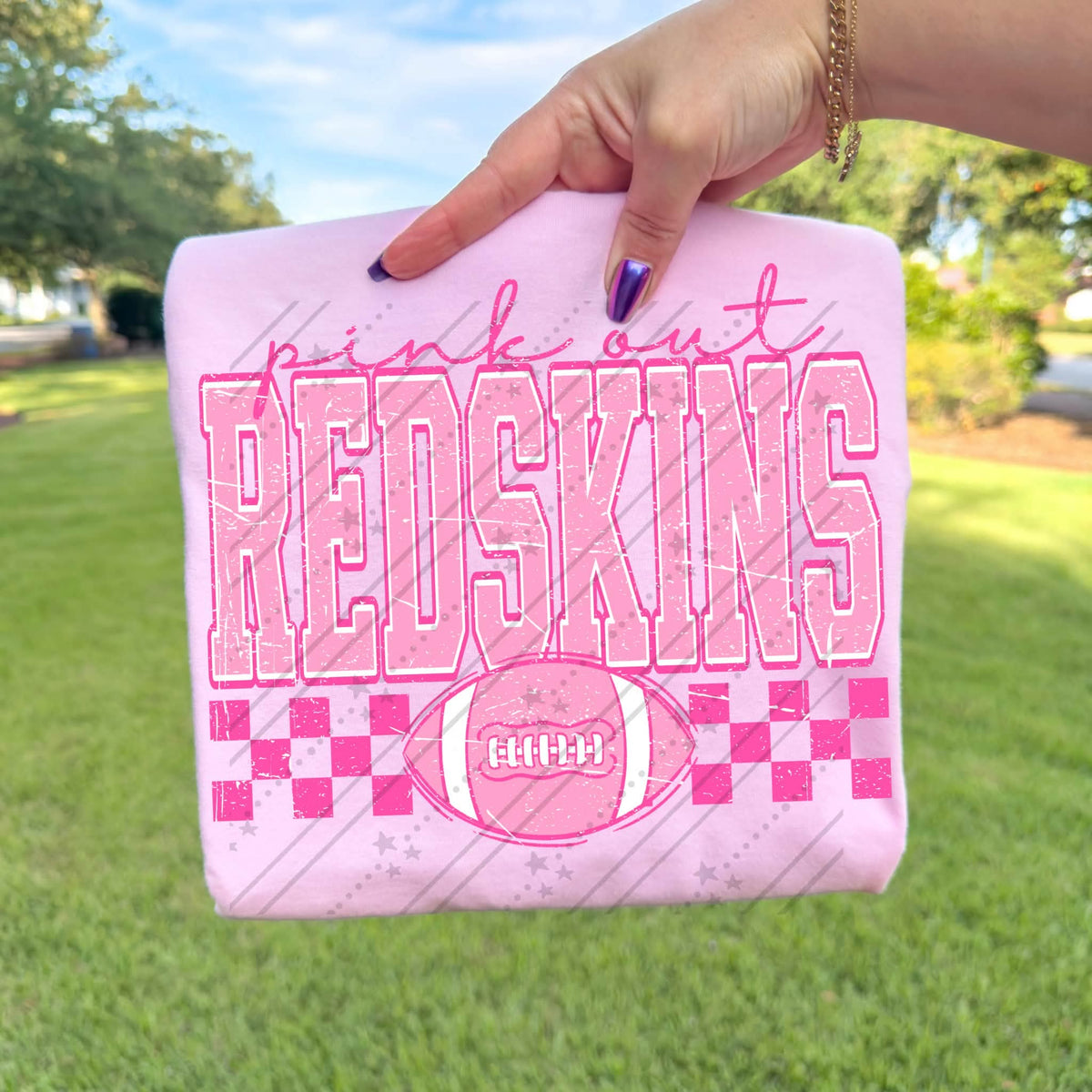 Pink out red skins pink checkered football (Carter) DTF Transfer