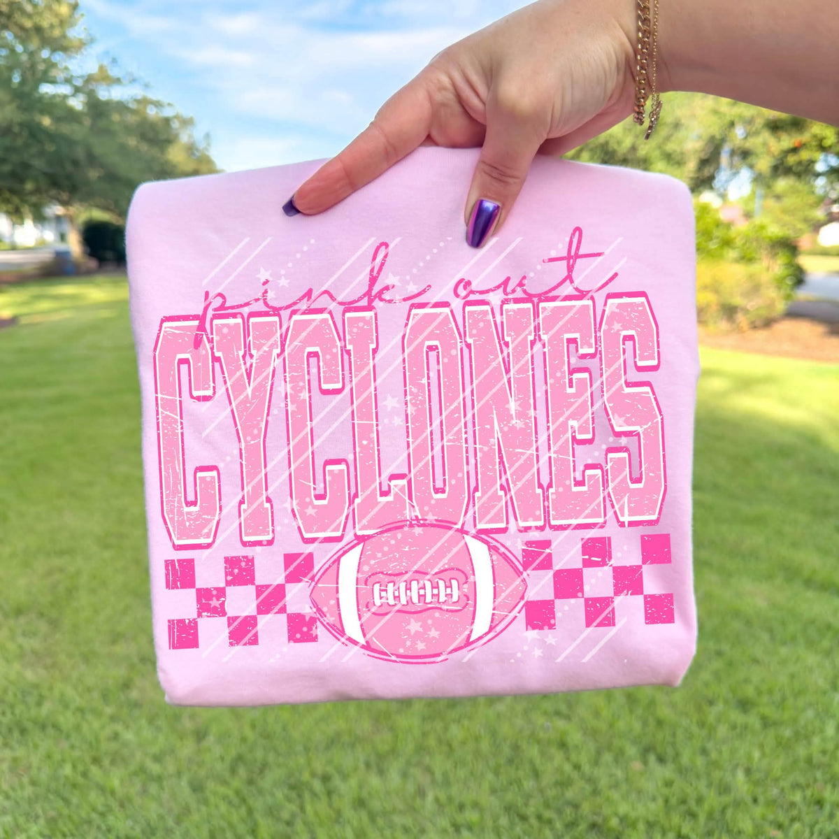 Pink out cyclones pink checkered football (Carter) DTF Transfer