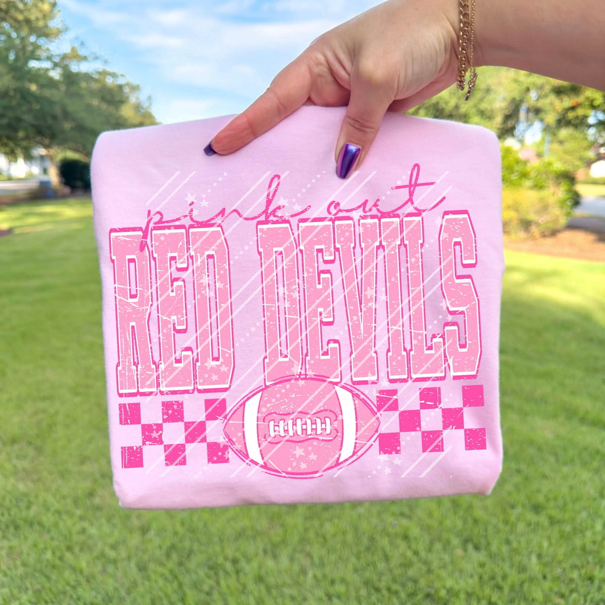 Pink out red devils pink checkered football (Carter) DTF Transfer