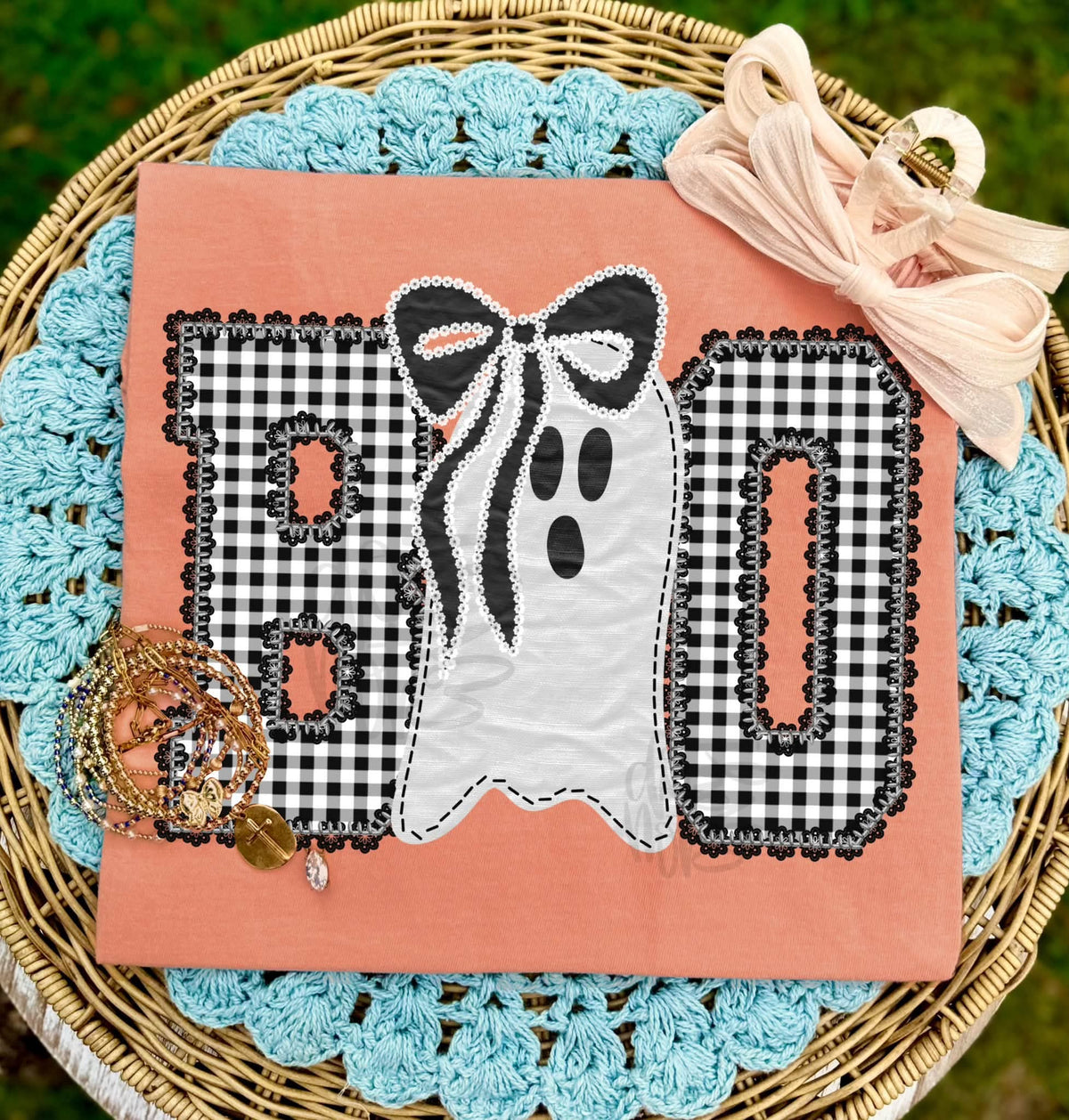 Boo with ghost black bow gingham print (Crafti) DTF Transfer