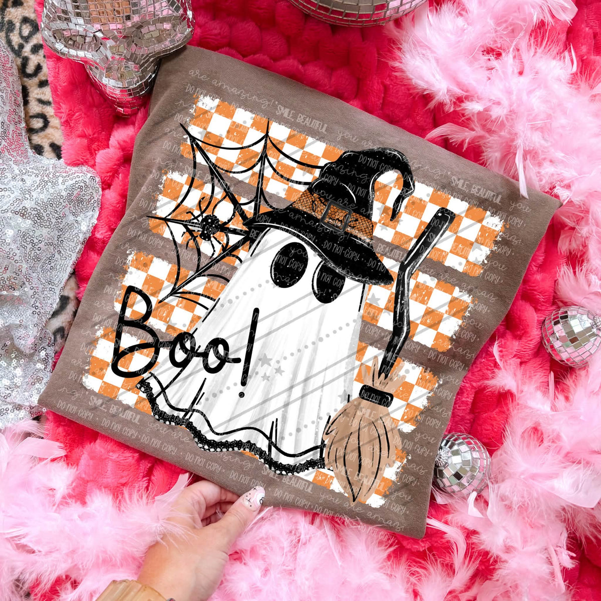Boo ghost orange checker stripes (Carter) DTF Transfer
