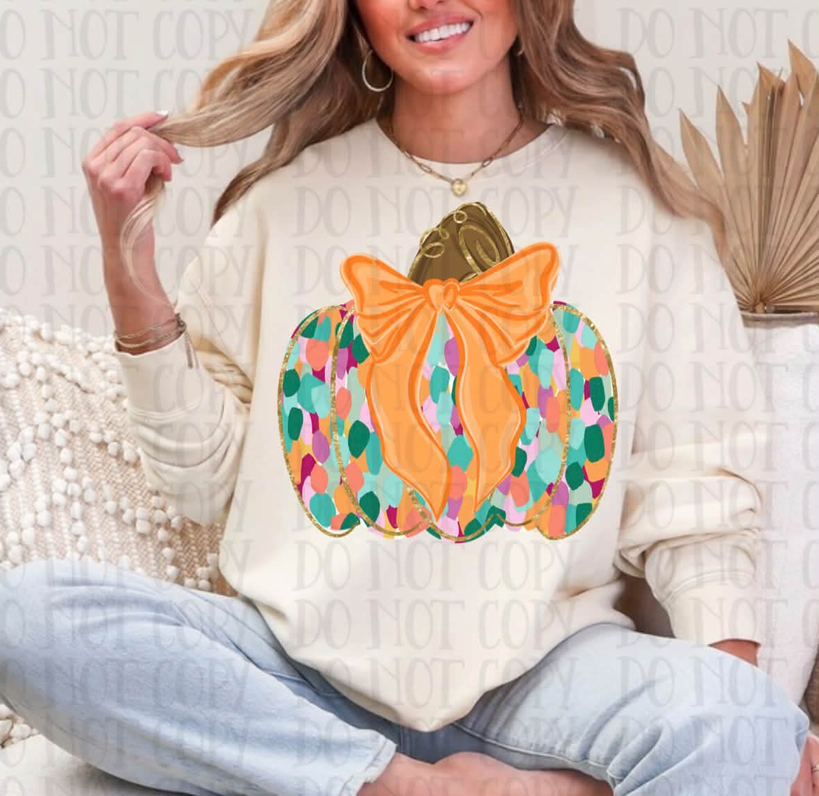Colorful pumpkin with orange bow faux glitter outline DTF transfer