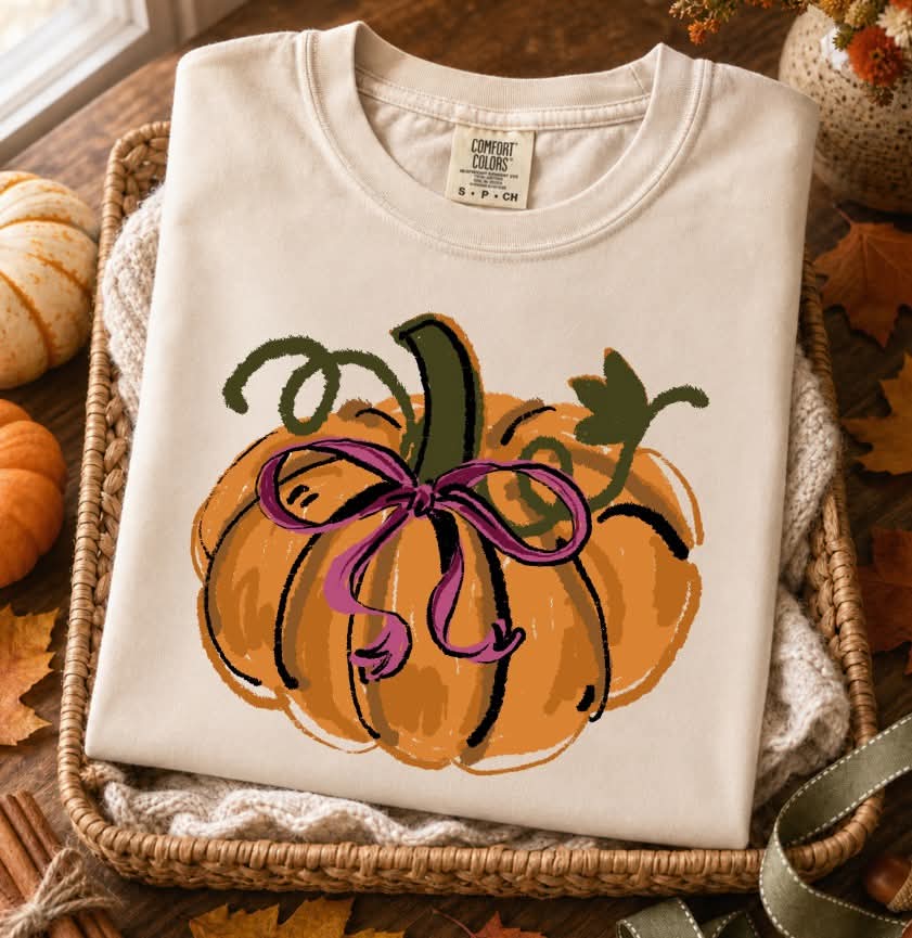 Brushstroke pumpkin with vines and pink bow (S&G) DTF Transfer