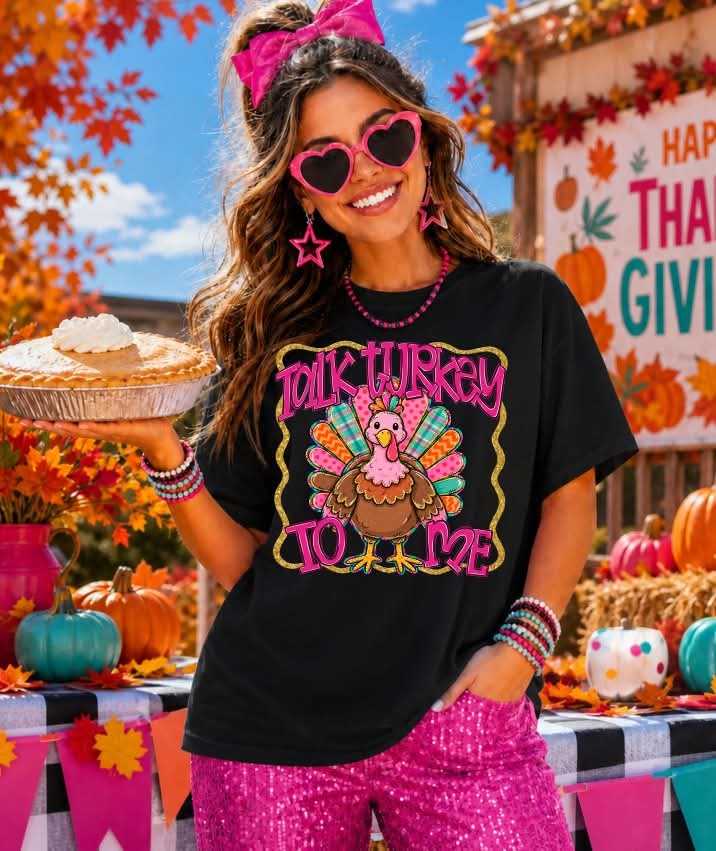 Talk turkey to me pink blue and orange feathers (S&G) DTF Transfer