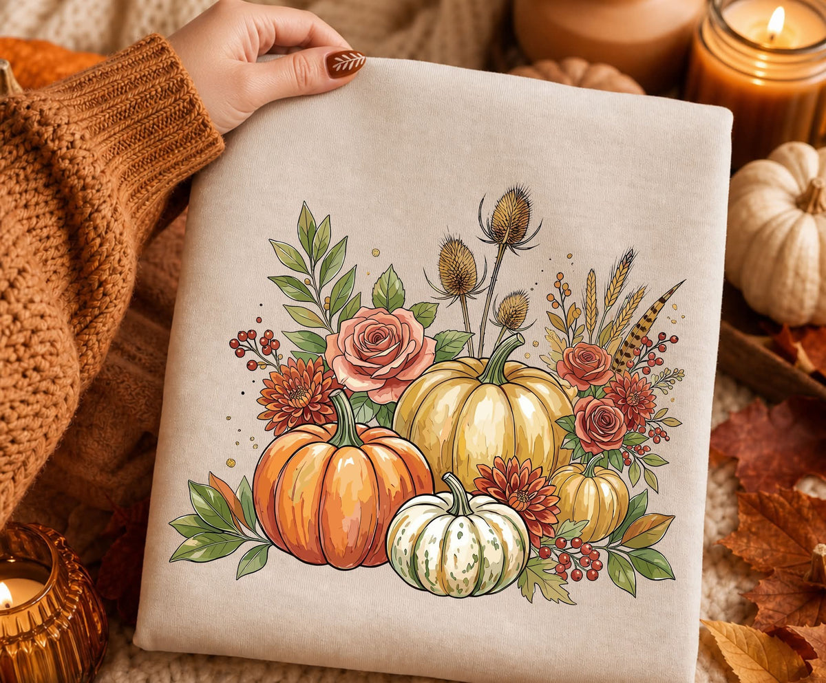 Orange yellow and white pumpkins with wildflowers (S&G) DTF Transfer