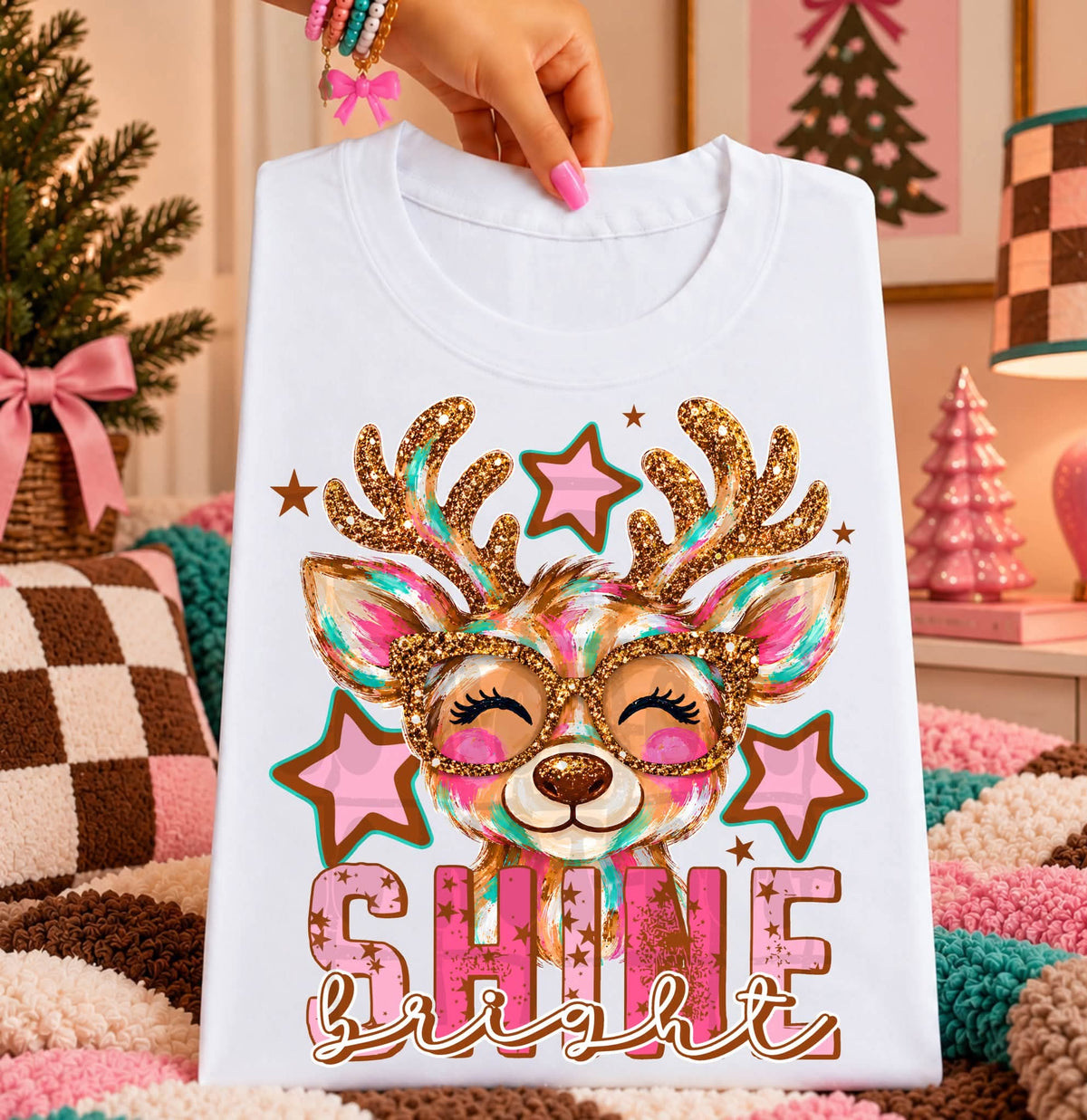 Shine bright reindeer faux glitter outline DTF Transfer