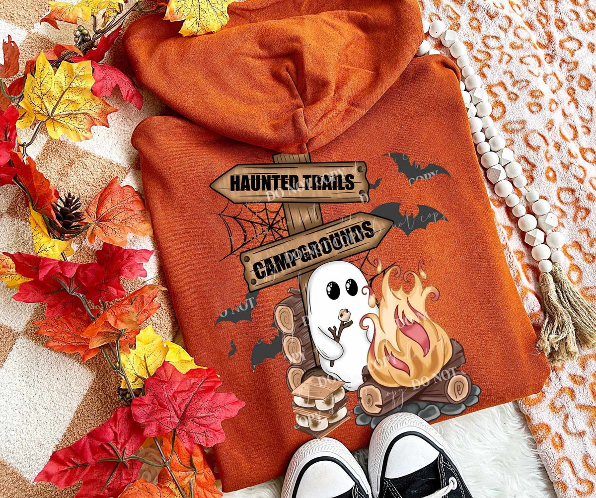 Camping ghost haunted trails campground sign (LUMI) 60123 DTF transfer