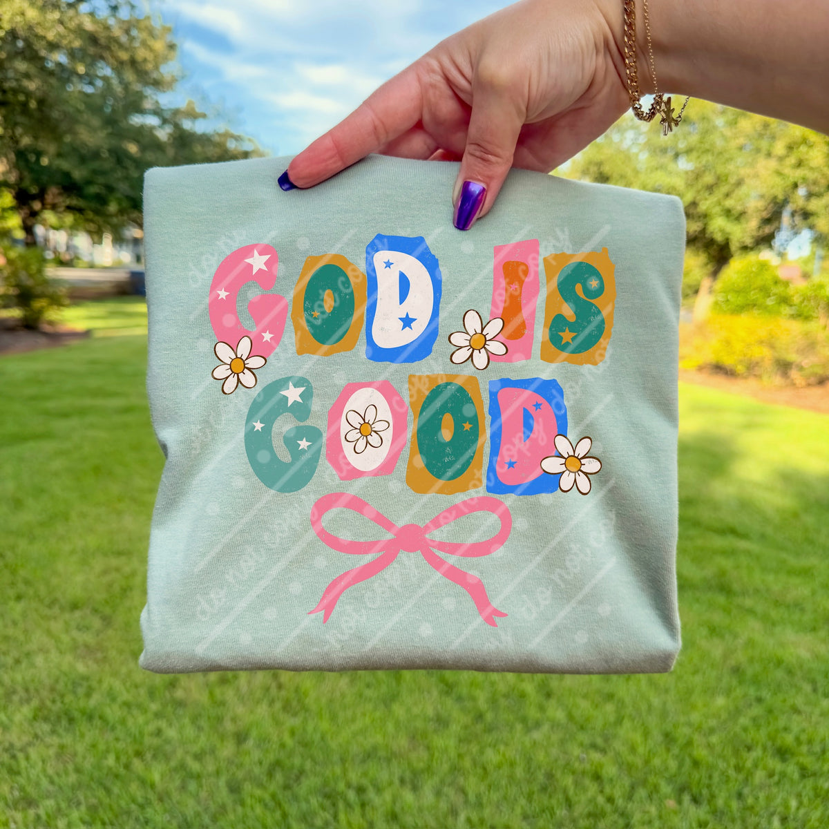 God is good pink bow (scarlow) DTF transfer