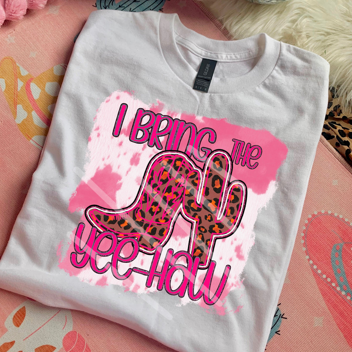 I bring the Yee Haw pink cow print background DTF transfer