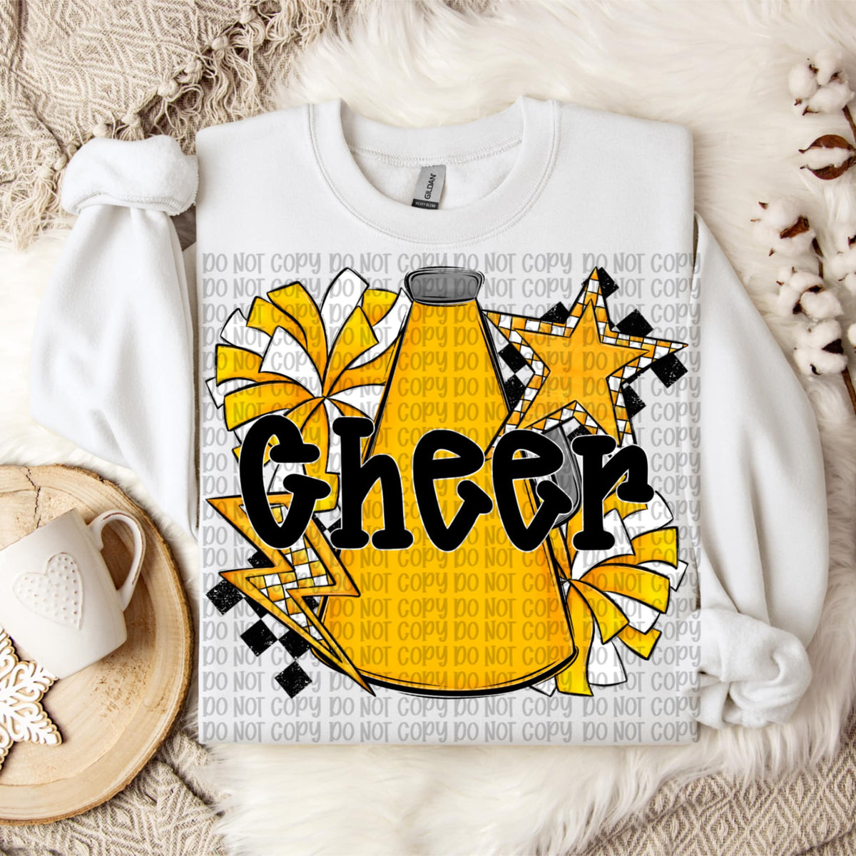 Cheer black words Yellow megaphone and pom poms  VP DTF transfer