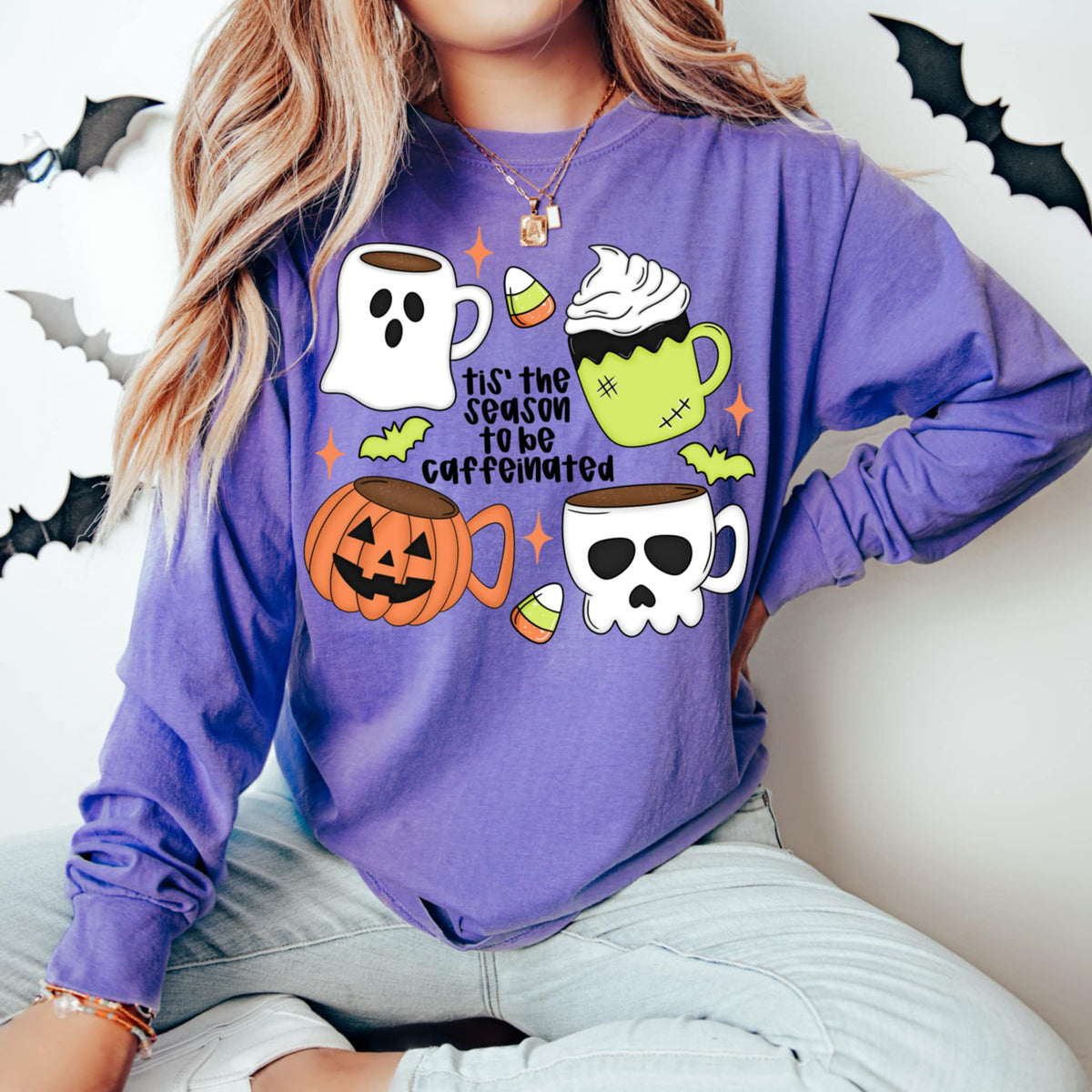 Tis the Season to be caffeinated with Halloween mugs BLACK WORDS CMD DTF transfer