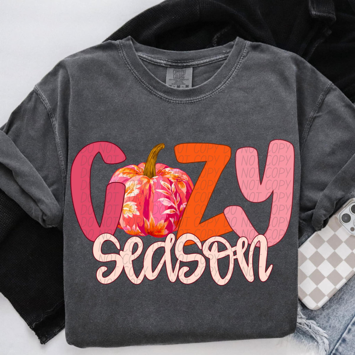 Cozy season bubble font with pumpkin (City) DTF transfer