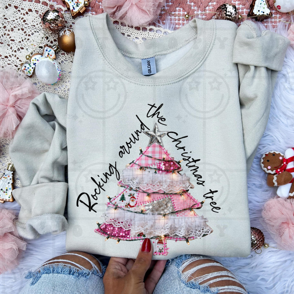 Rockin around the Christmas tree pink patchwork (HW) DTF Transfer