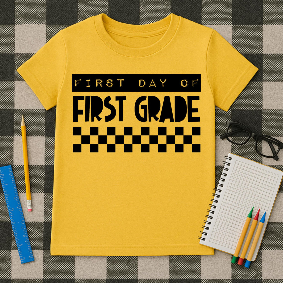 First Day First Grade Block Letters and Checker BLACK DTF transfer