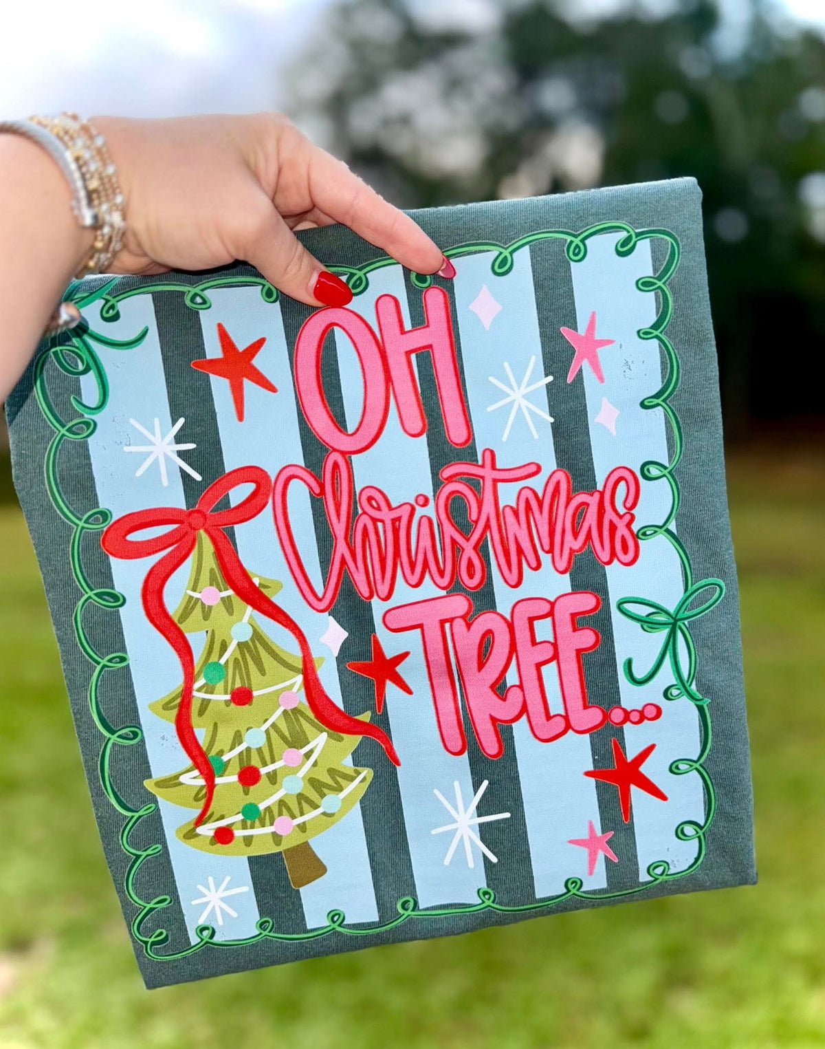 Oh Christmas Tree blue stripes DTF transfer