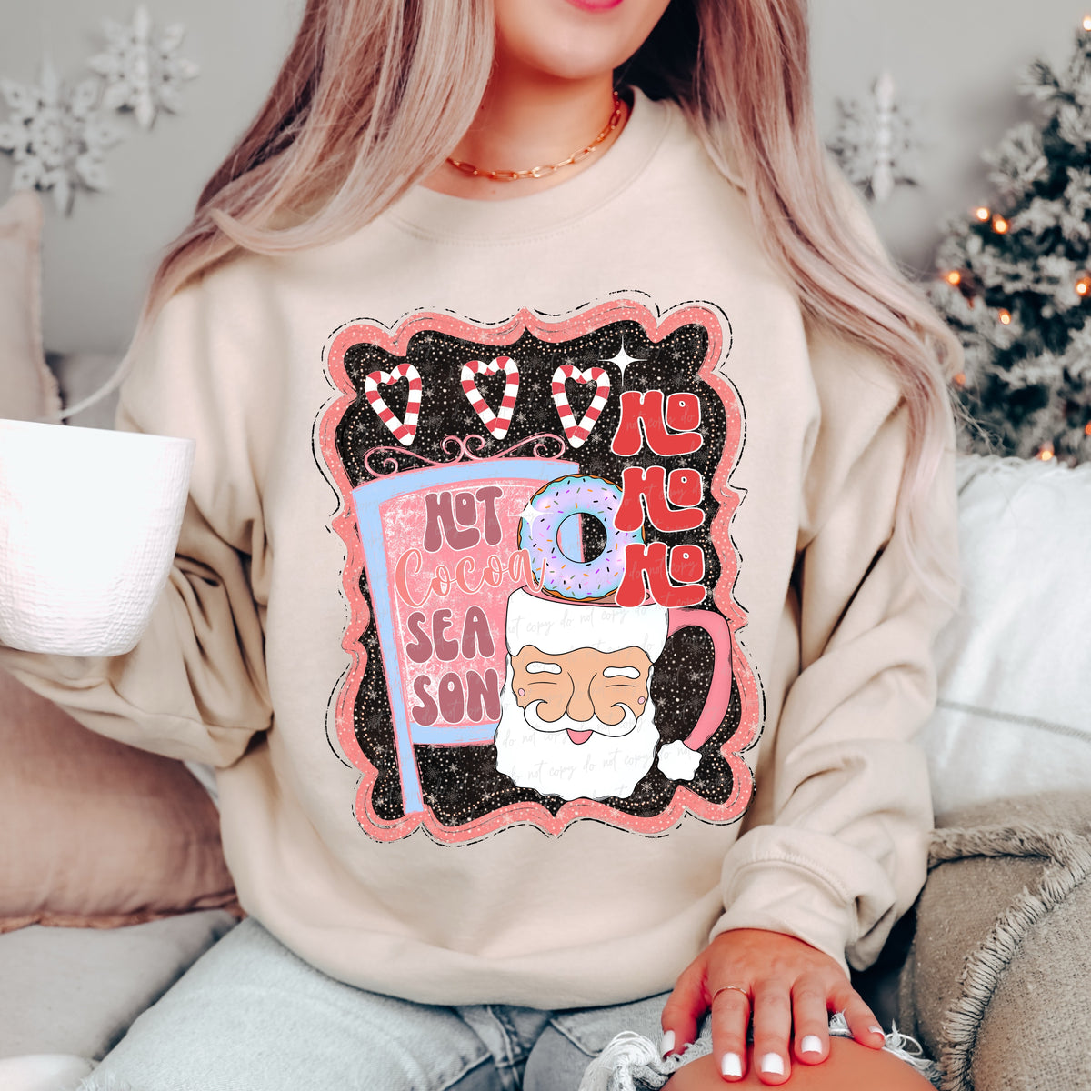 Ho Ho Ho Cocoa and Black Santa mug black background 30194 DTF transfer