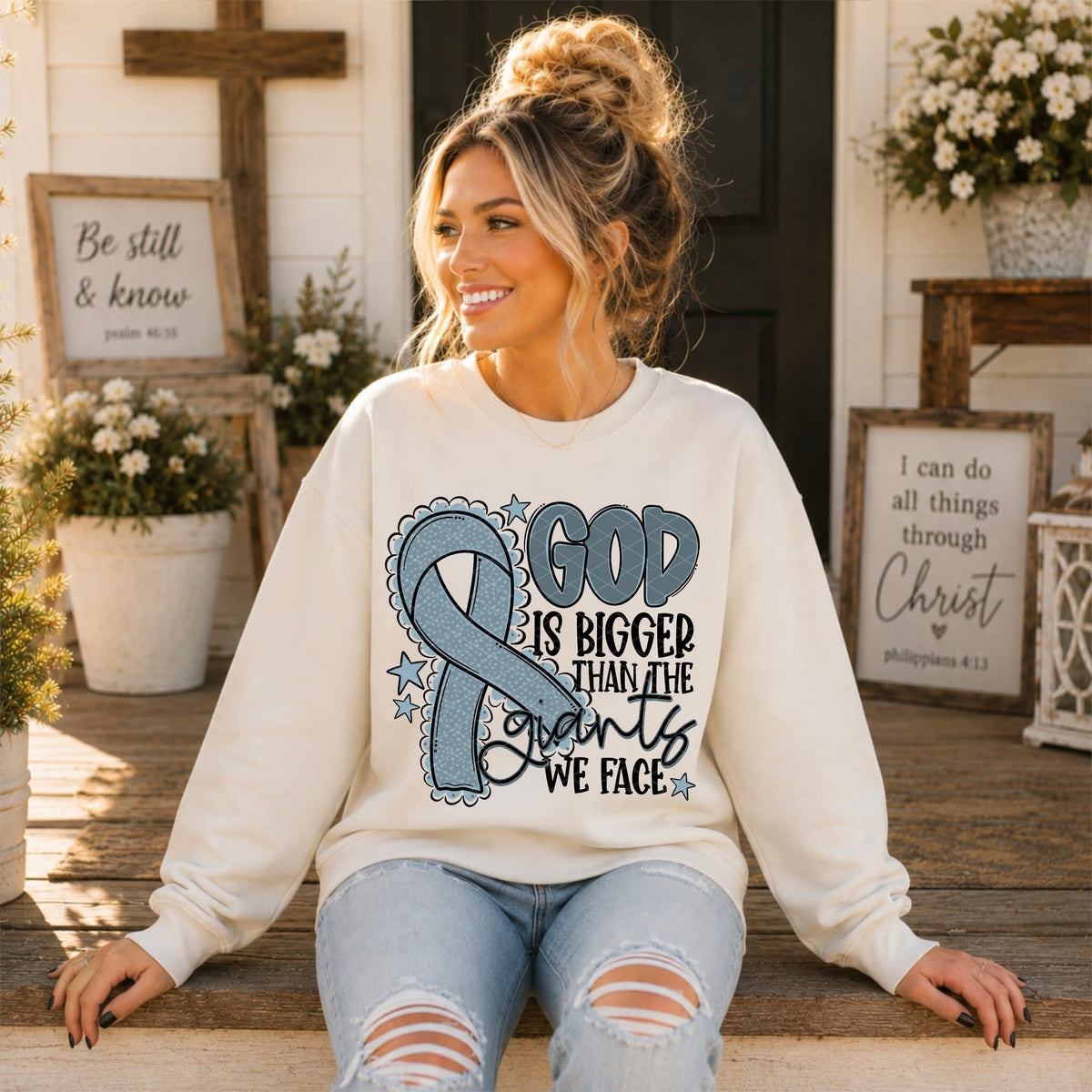 God is bigger than the giants we face grey writing SUNDAY SPECIAL DTF transfer