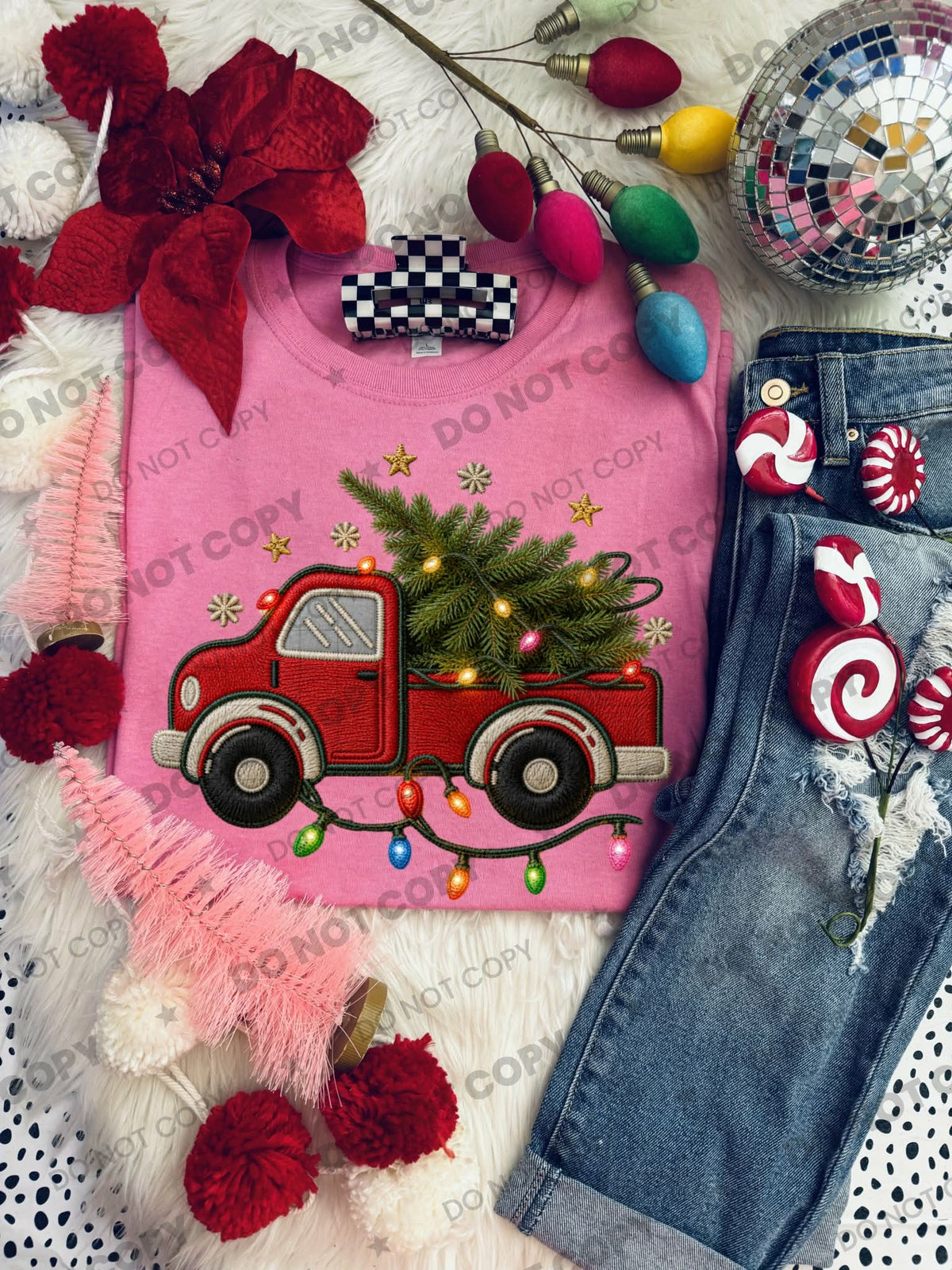 Faux fabric patch truck with Christmas tree and lights Tuesday Deal DTF