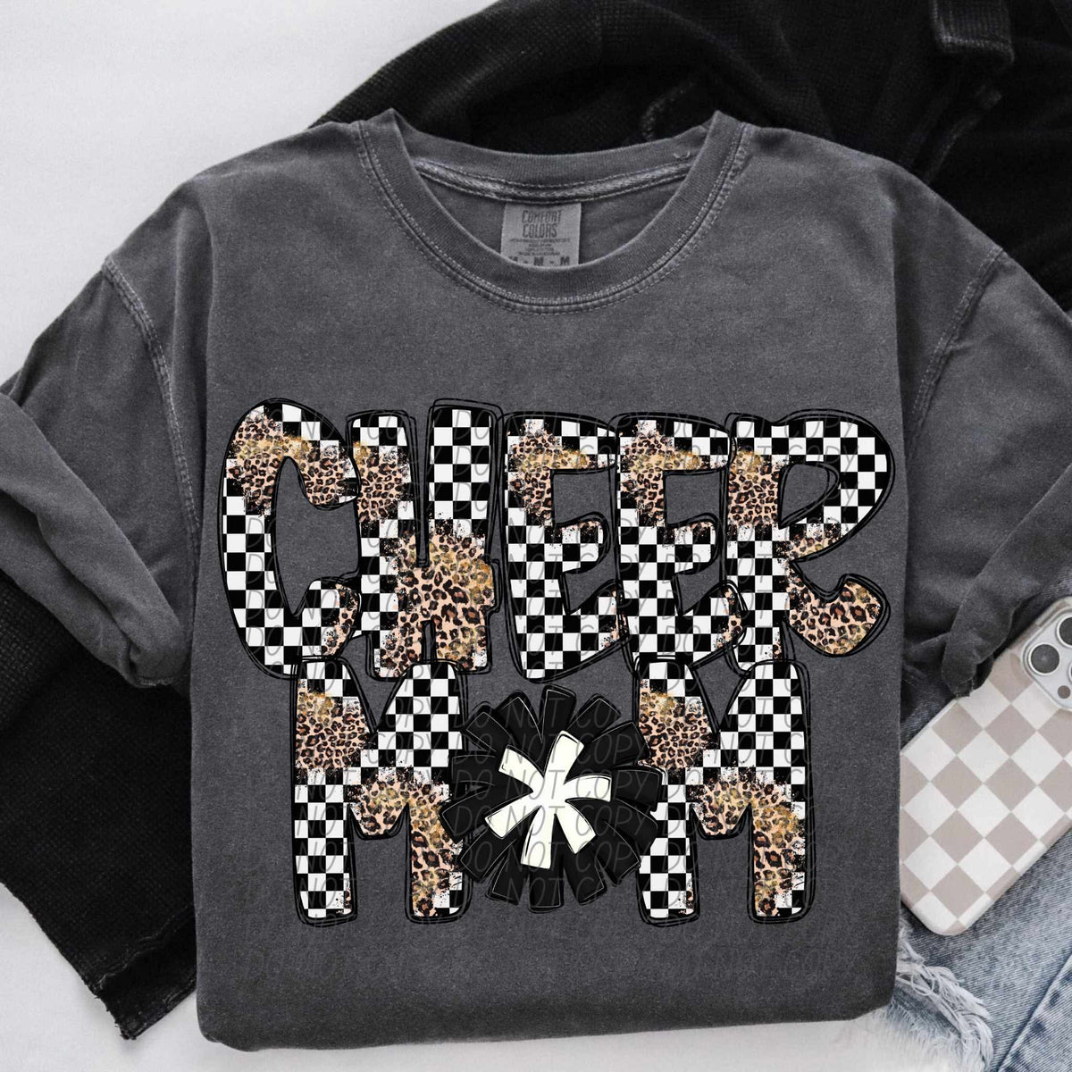 Cheer mom pom Pom leopard and checkered font city DTF transfers