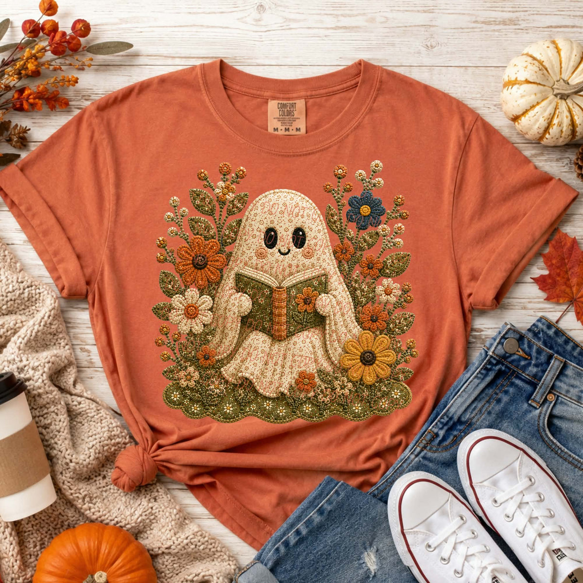 Faux fabric ghost with book and floral patch (city) DTF transfer