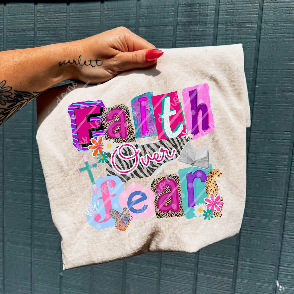 Faith over fear zebra back magazine collage font (MZ) DTF transfer