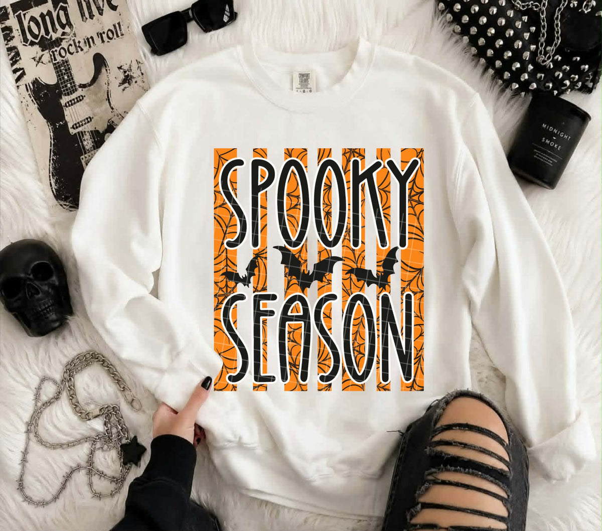 Spooky season black lettering stripe background bats (Linda) DTF transfer