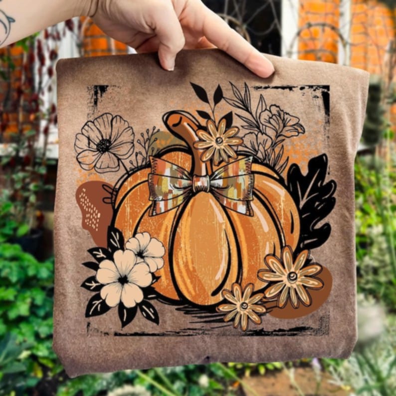 Pumpkin with flower linework and brushstroke bow DTF transfer
