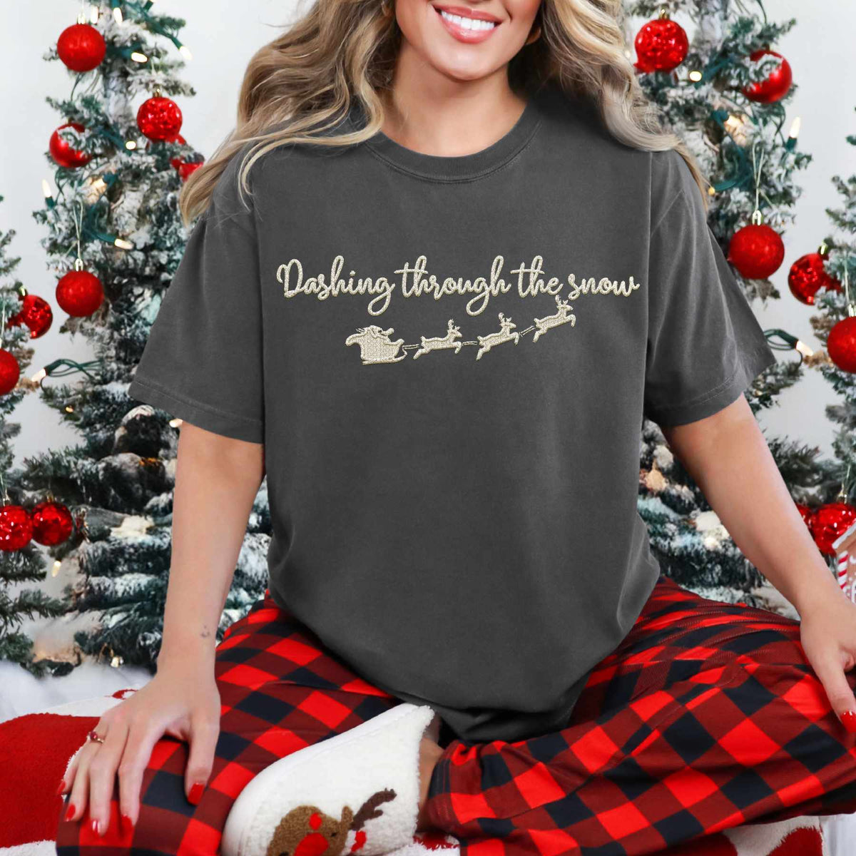 Dashing through the snow ivory embroidery (HW) 67105 DTF transfer