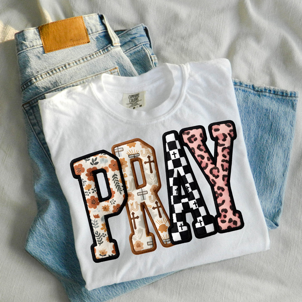 Pray varsity font DTF transfer