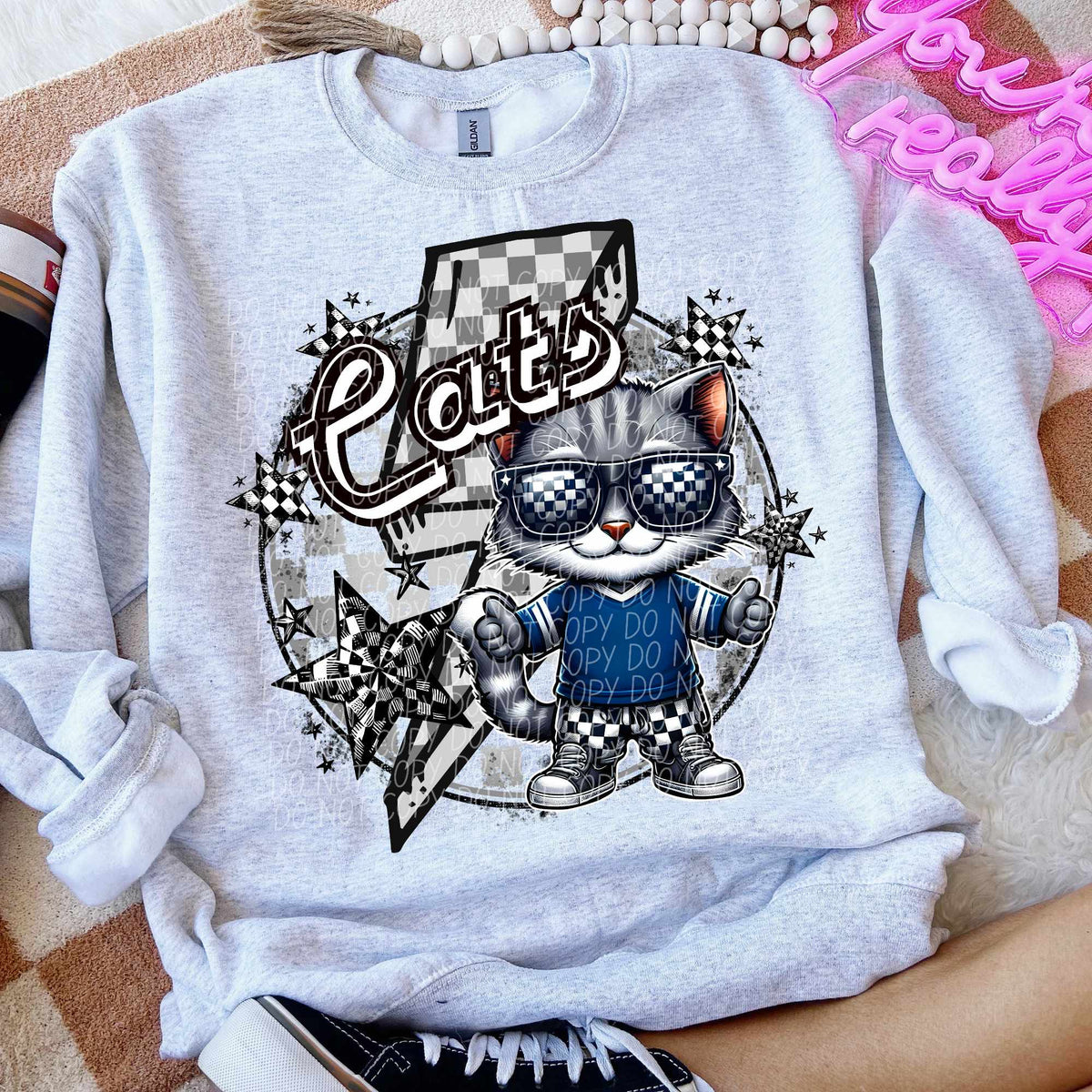 Cats blue shirt lightning bolt (CITY) 52502 DTF transfer