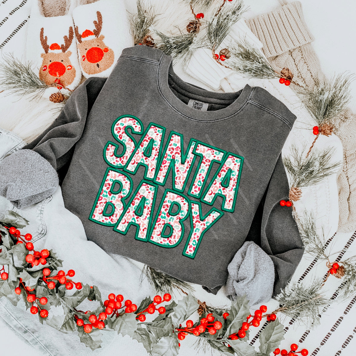Santa Baby green and red leopard faux embroidery 111658 DTF transfer