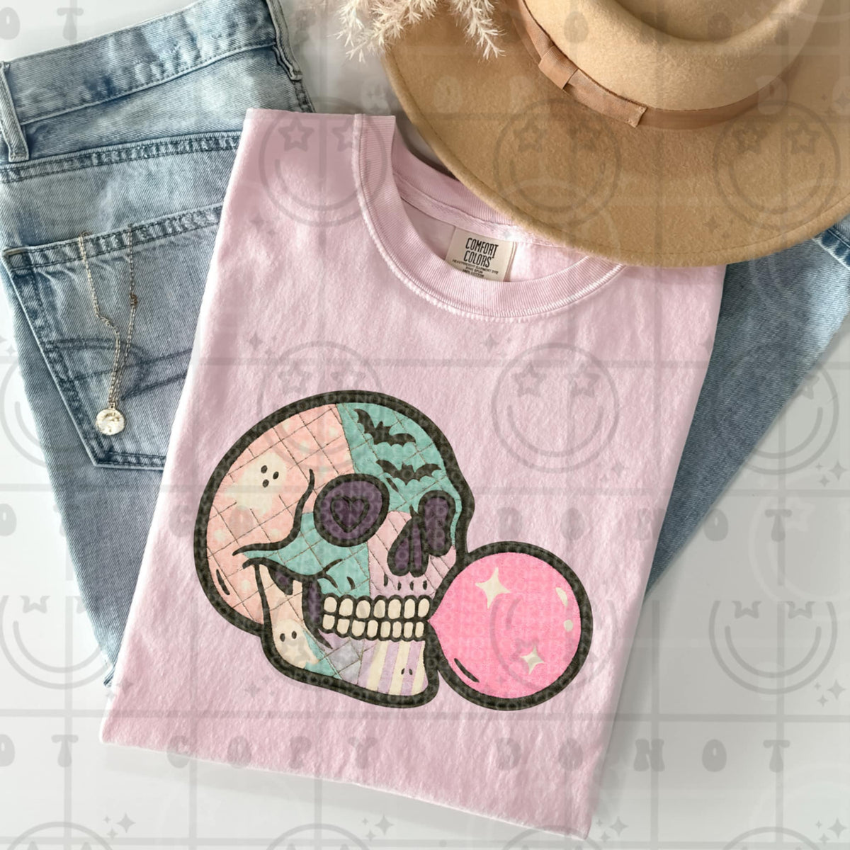 Pastel Bubble Gum patchwork skull HW DTF transfer