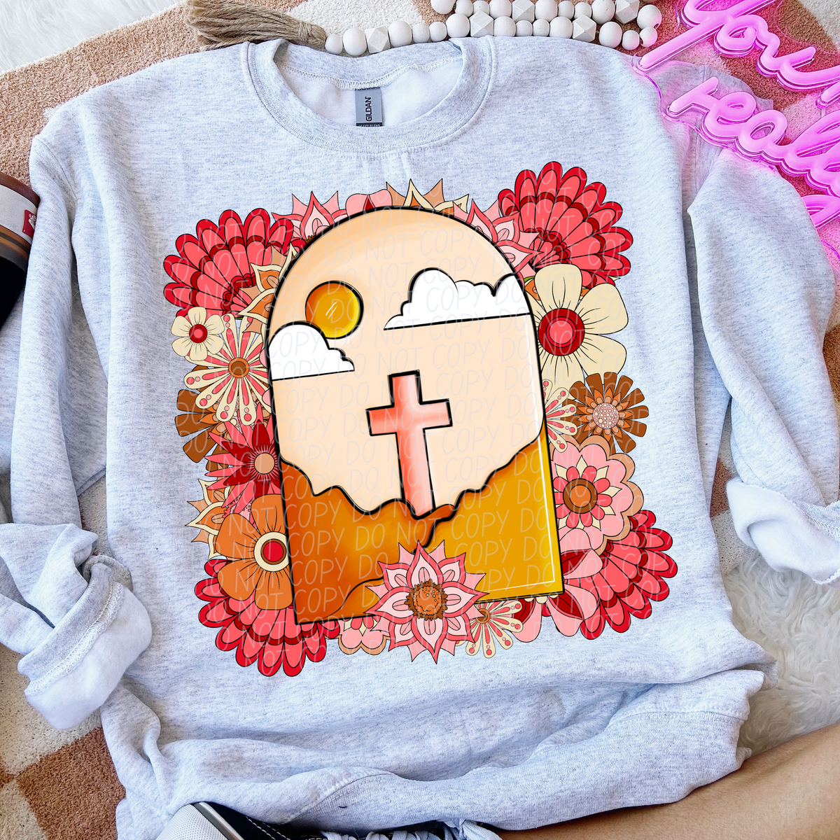 Floral Retro Window with Cross (City) 102466 DTF transfer