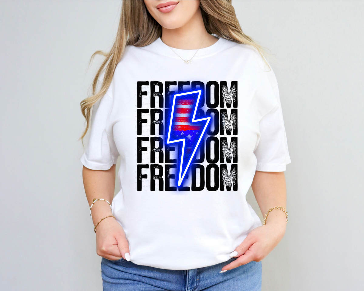 Freedom Stacked with Blue Lightning Bolt and Flag Inside 116404 DTF Transfer