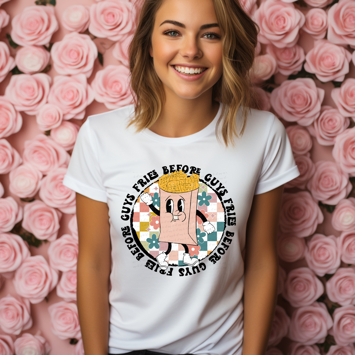 Fries Before Guys Retro Checkered Floral 116408 DTF Transfer