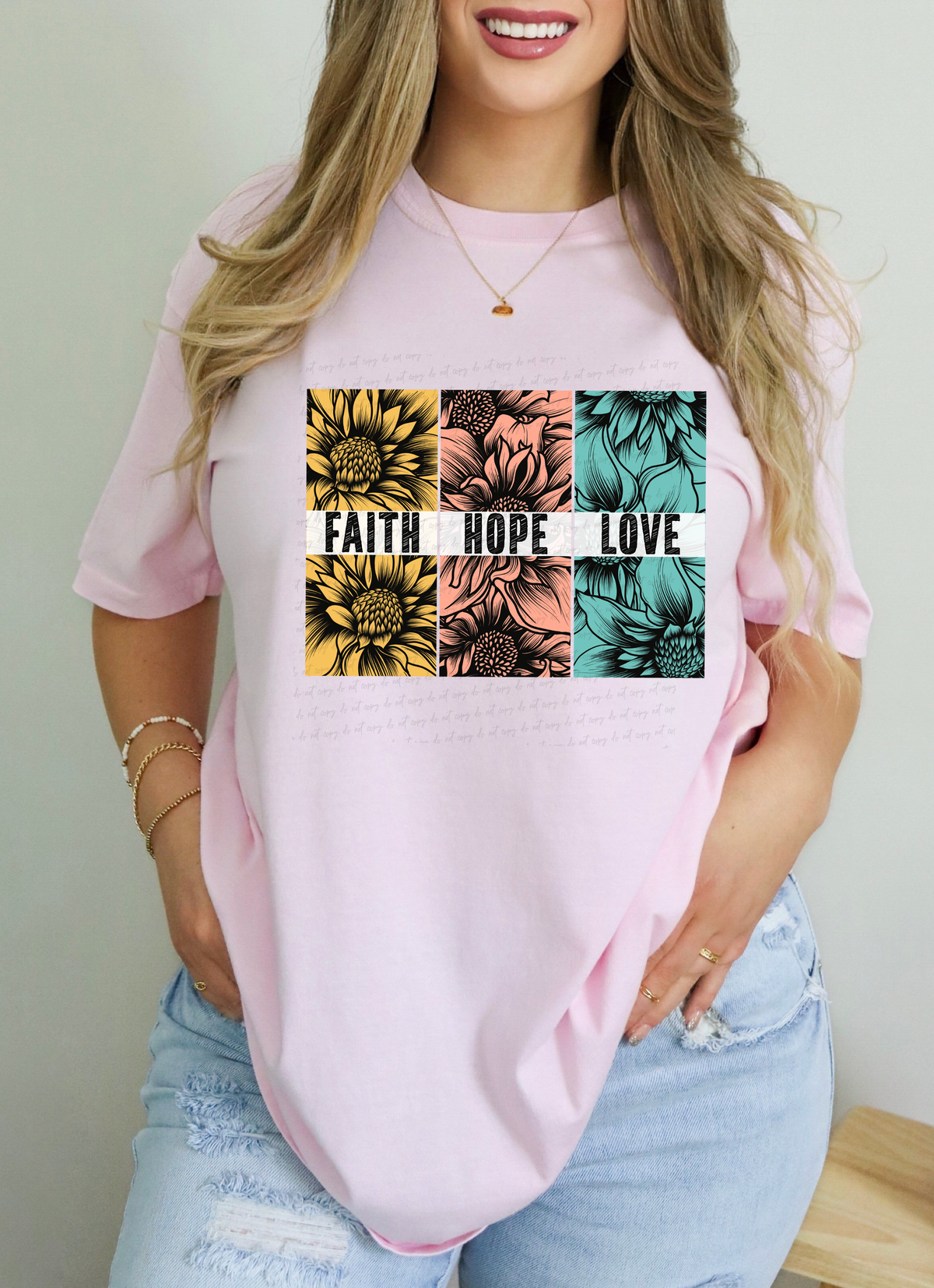 Faith Hope Love Yellow Pink and Blue Floral 115049 DTF Transfer