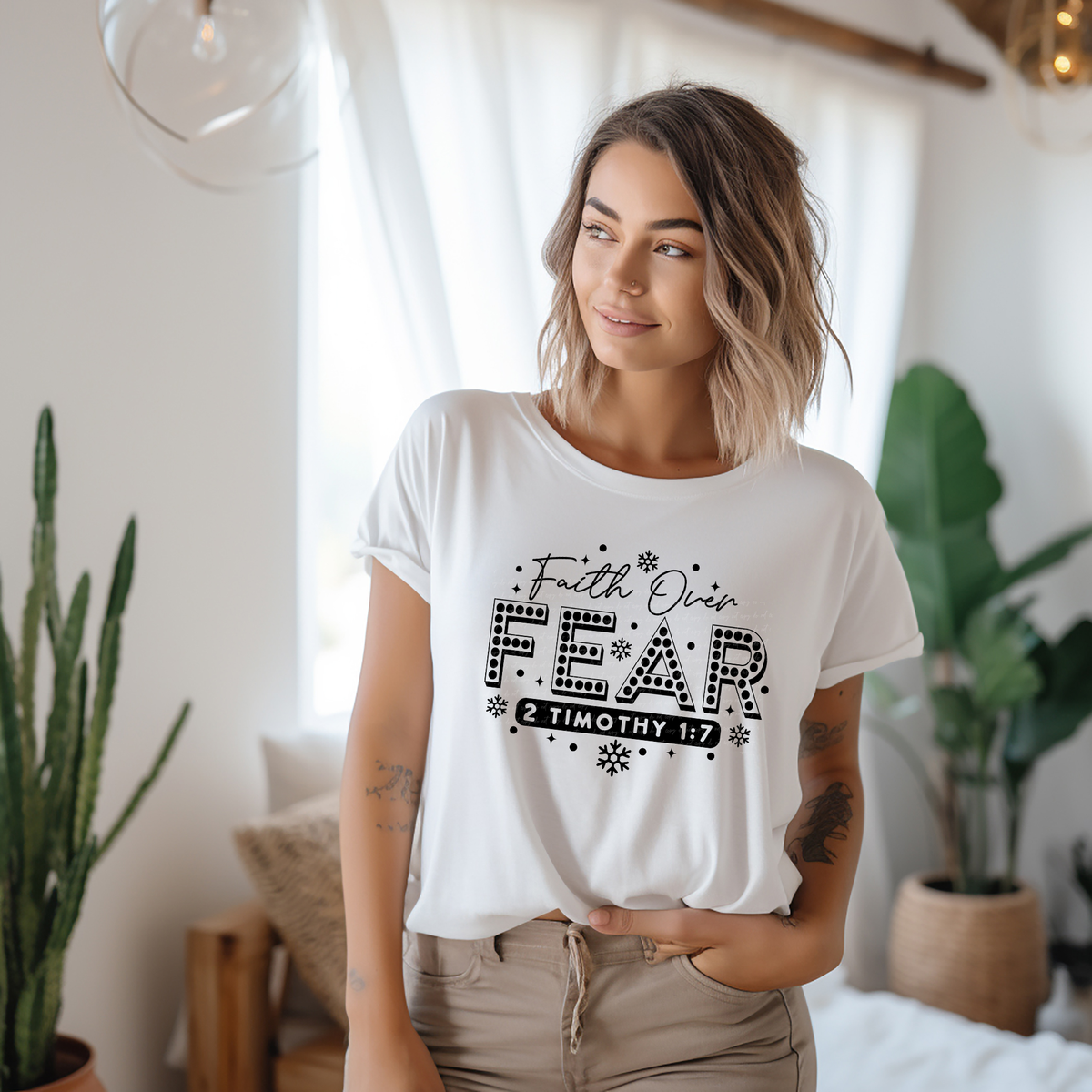 Faith Over Fear 2 Timothy 1:7 Snowflakes Black 76119 DTF Transfer