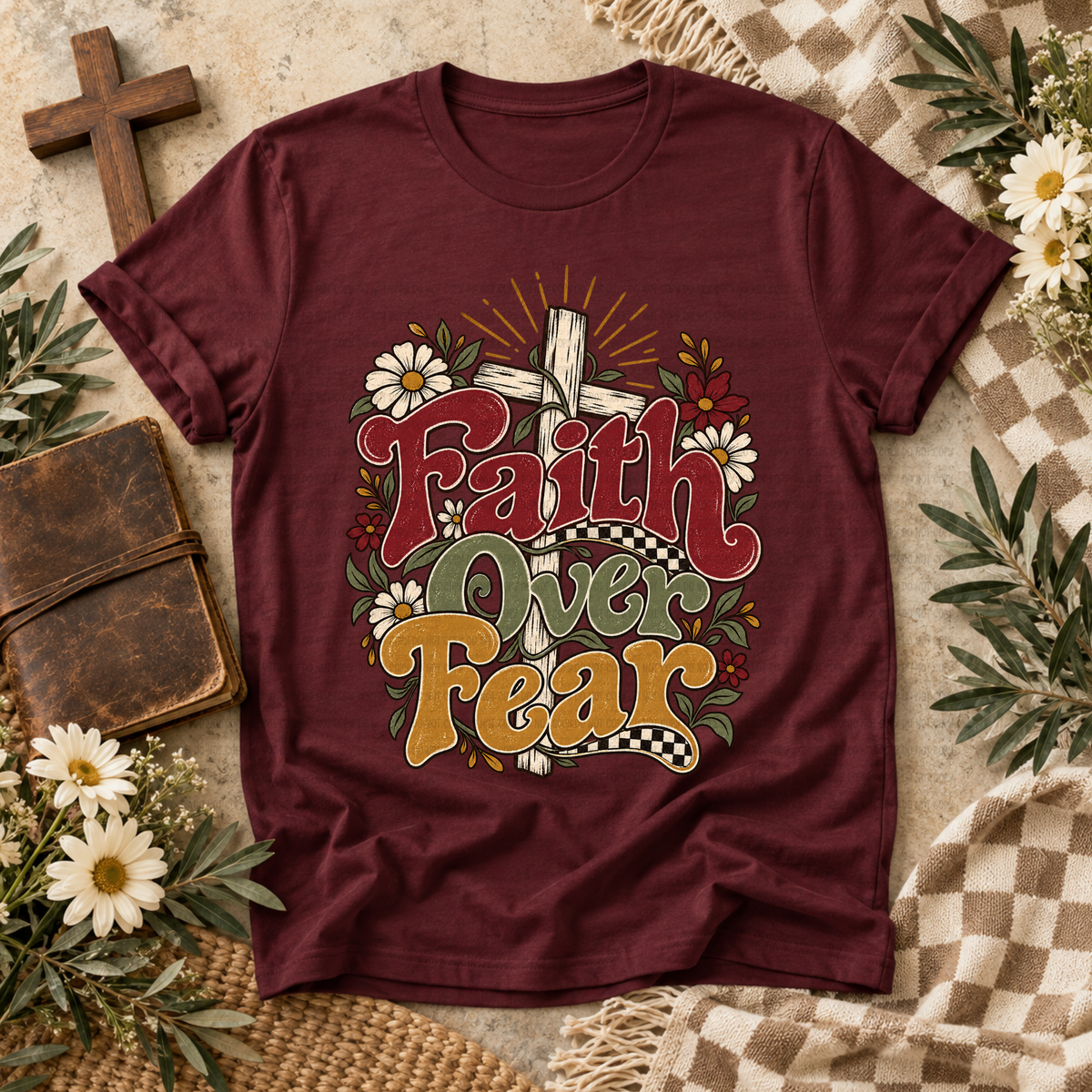 Faith over fear white cross and daisies (Revel) DTF Transfer