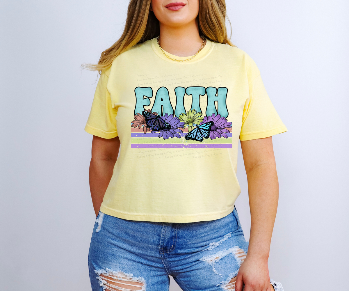 Faith Retro Teal Font Floral Butterflies 115759 DTF Transfer