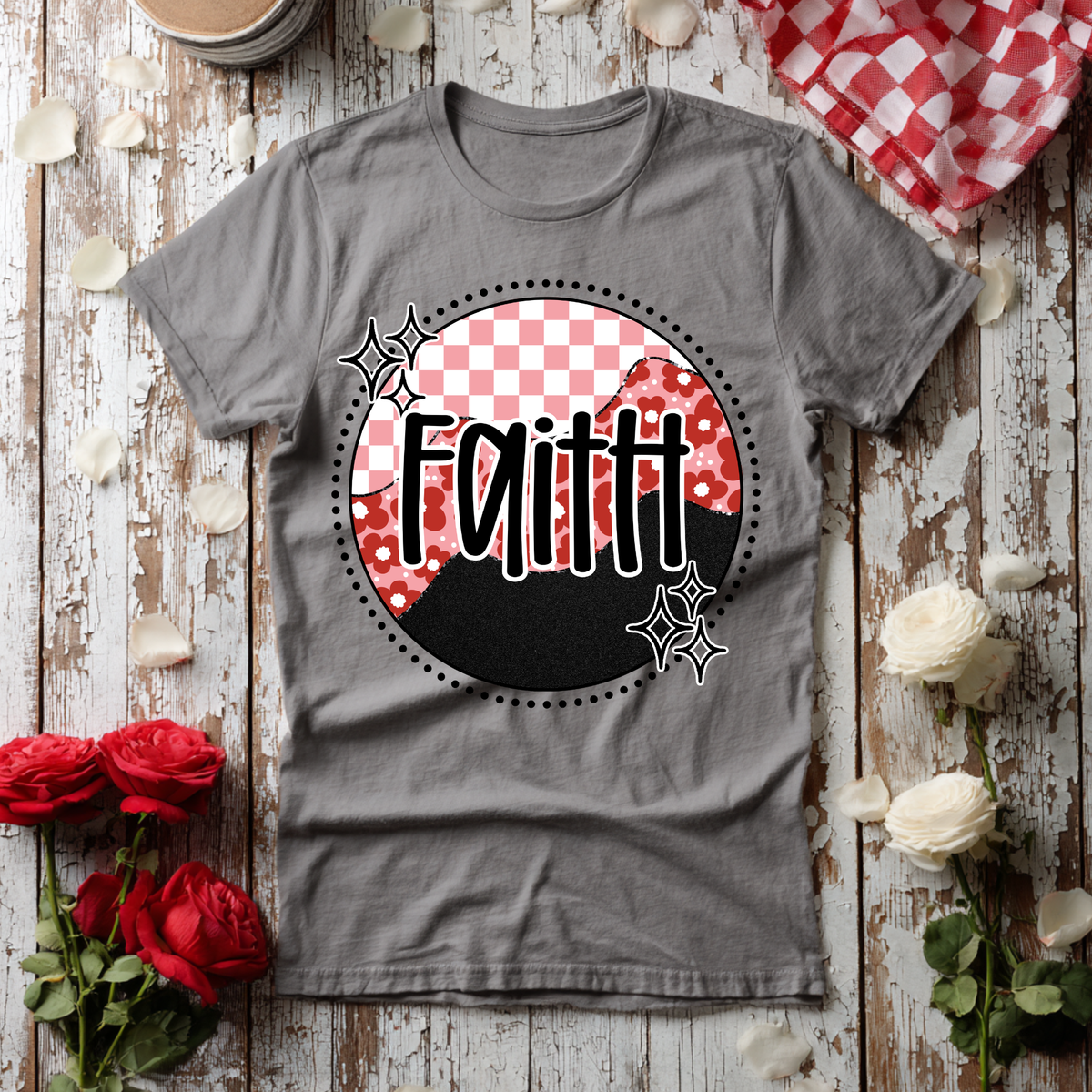 Faith pink checkered circle with faux glitter (Revel) DTF Transfer