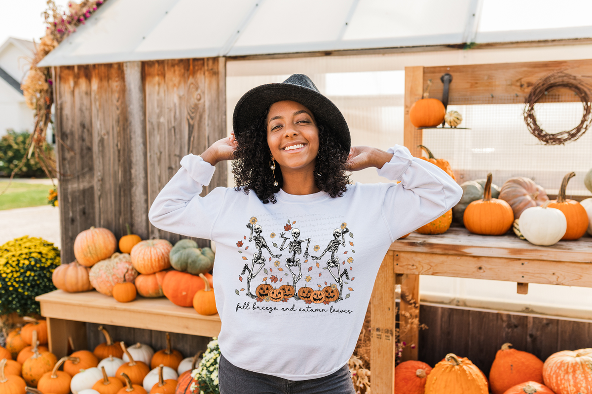 Fall Breeze and Autumn Leaves Dancing Skellie Pumpkins 114823 DTF transfer