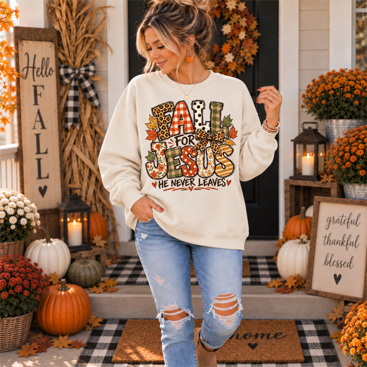 Fall for Jesus he never leaves leopard checkered polkadot and plaid filled (SDD) DTF Transfer