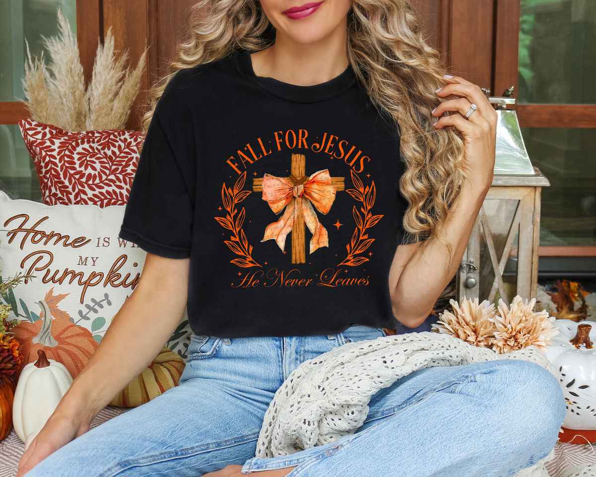 Fall For Jesus He Never Leaves Orange Font 54959 DTF transfer