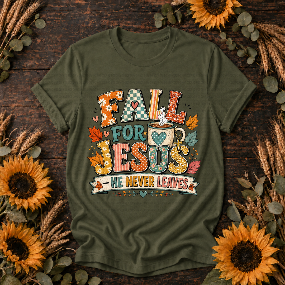 Fall for Jesus he never leaves coffee cup (Revel) DTF transfer