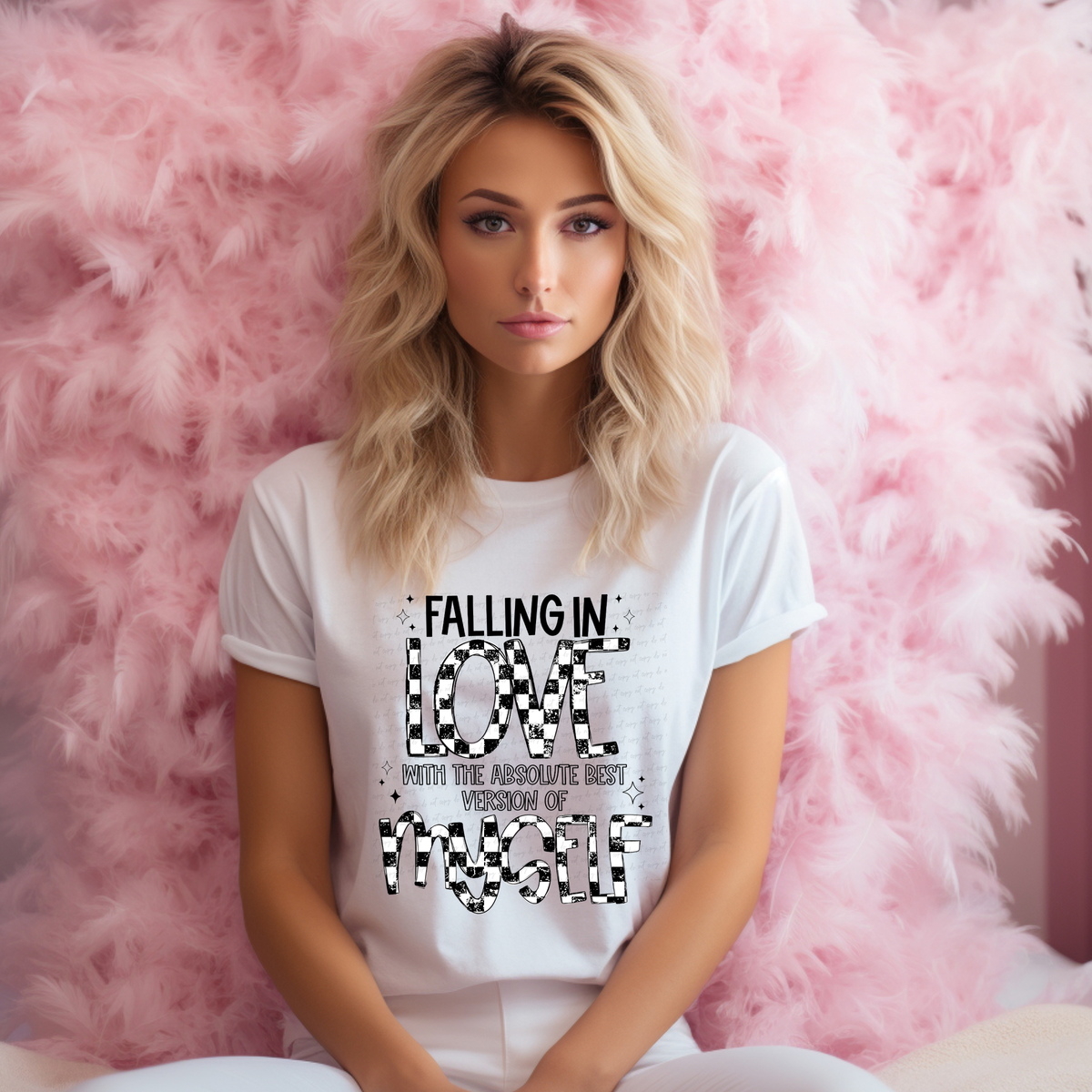 Falling In Love with The Absolute Best Version of Myself Checkered Font 116545 DTF Transfer