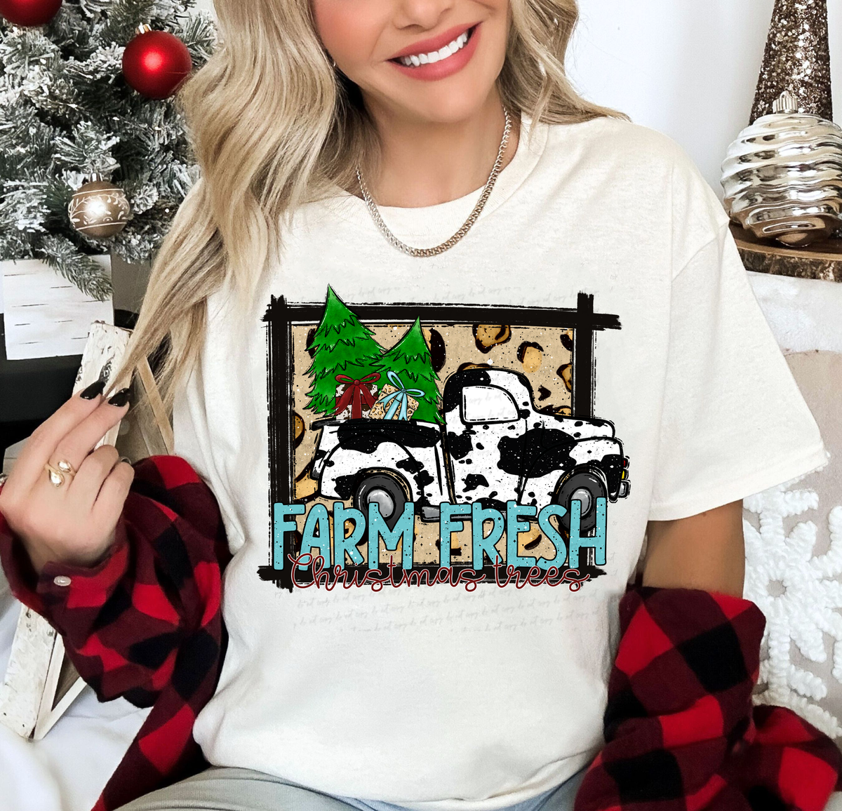 Farm Fresh Christmas Trees Cow Print Truck 114871 DTF transfer