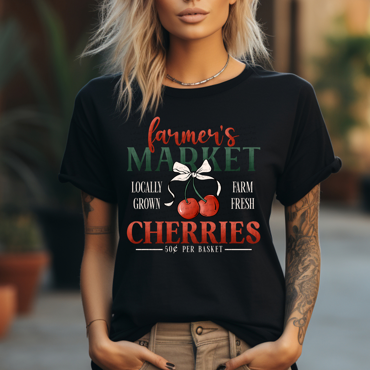 Farmers Market Locally Grown Farm Fresh Cherries White 86500 DTF Transfer