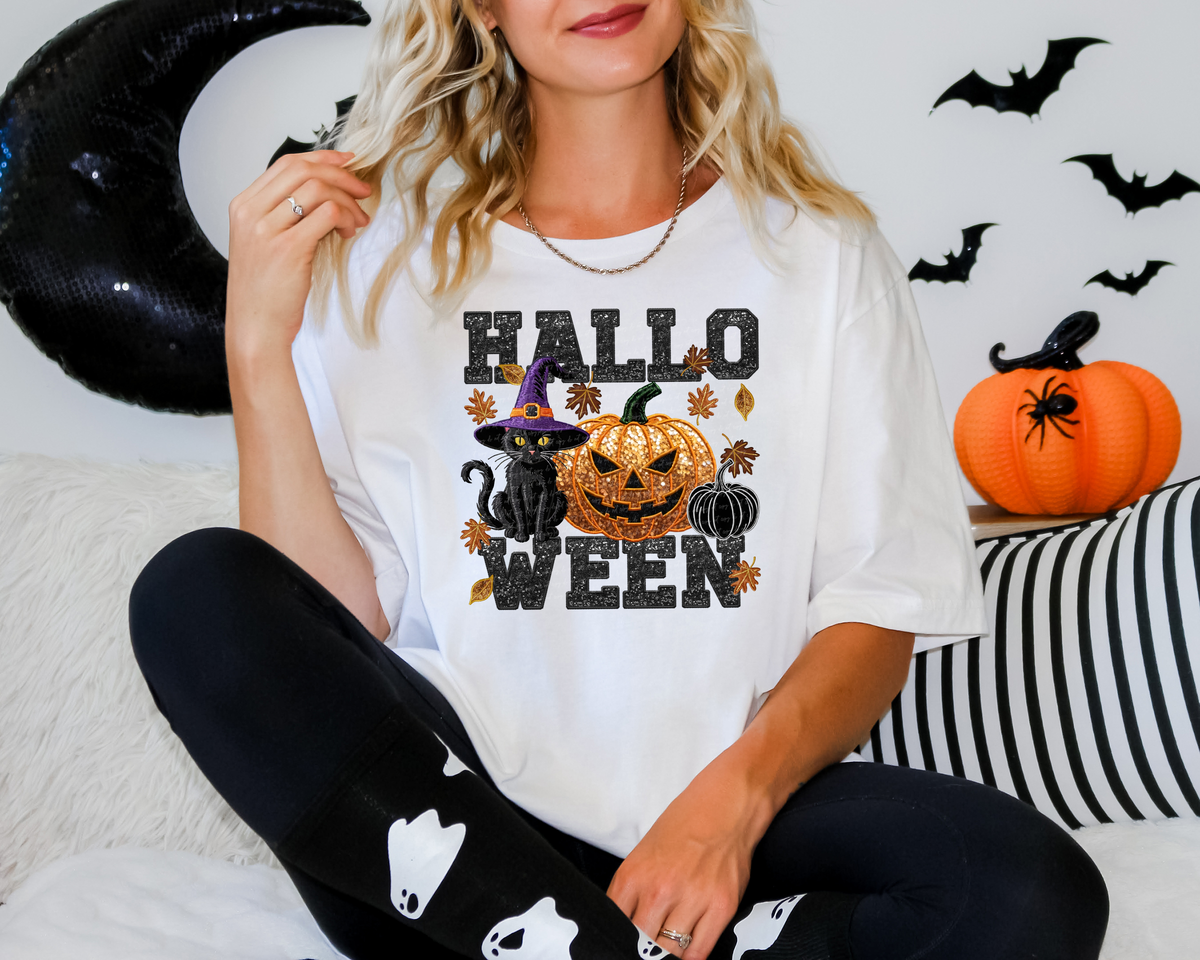 Faux Embroidery Halloween Pumpkin Black Cat 63120 DTF transfer