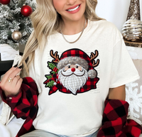 Faux Embroidery Santa Face Red Plaid Deer Antlers 61079 DTF Transfer