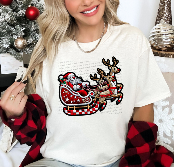 Faux Embroidery Santa Sleigh Checkered 61091 DTF Transfer